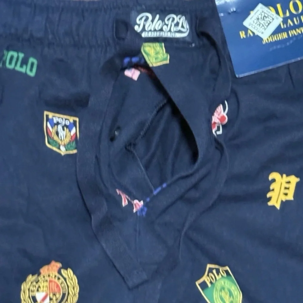New Polo Ralph Lauren Pep Rally Varsity Logo Print Pajama Jogger Pants Navy L